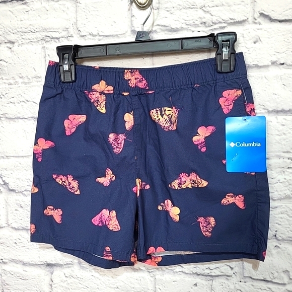 Columbia Girl's Youth Medium Blue Shorts Pockets Pink Butterflies Washed Out NWT - Picture 1 of 7